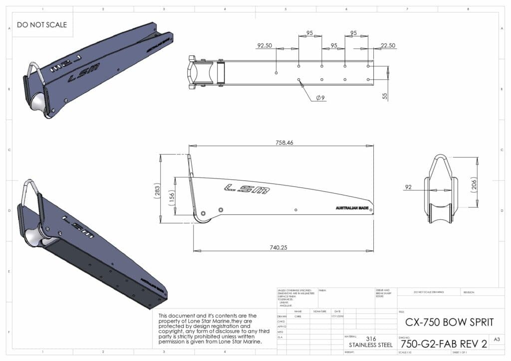 Bow Sprit with machined Stainless Steel front roller and 3 nylon trailing rollers - CX750SS