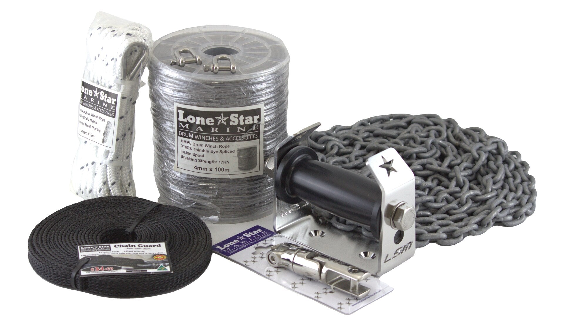 GX1 HS4mm Combo - Winch Kit plus Rope, Chain, CR Series Deck Roller, Swivel, and Chain Guard.
