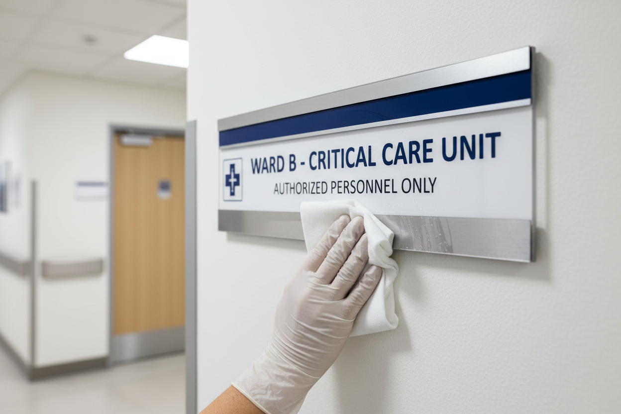 Hospital grade sign being cleaned