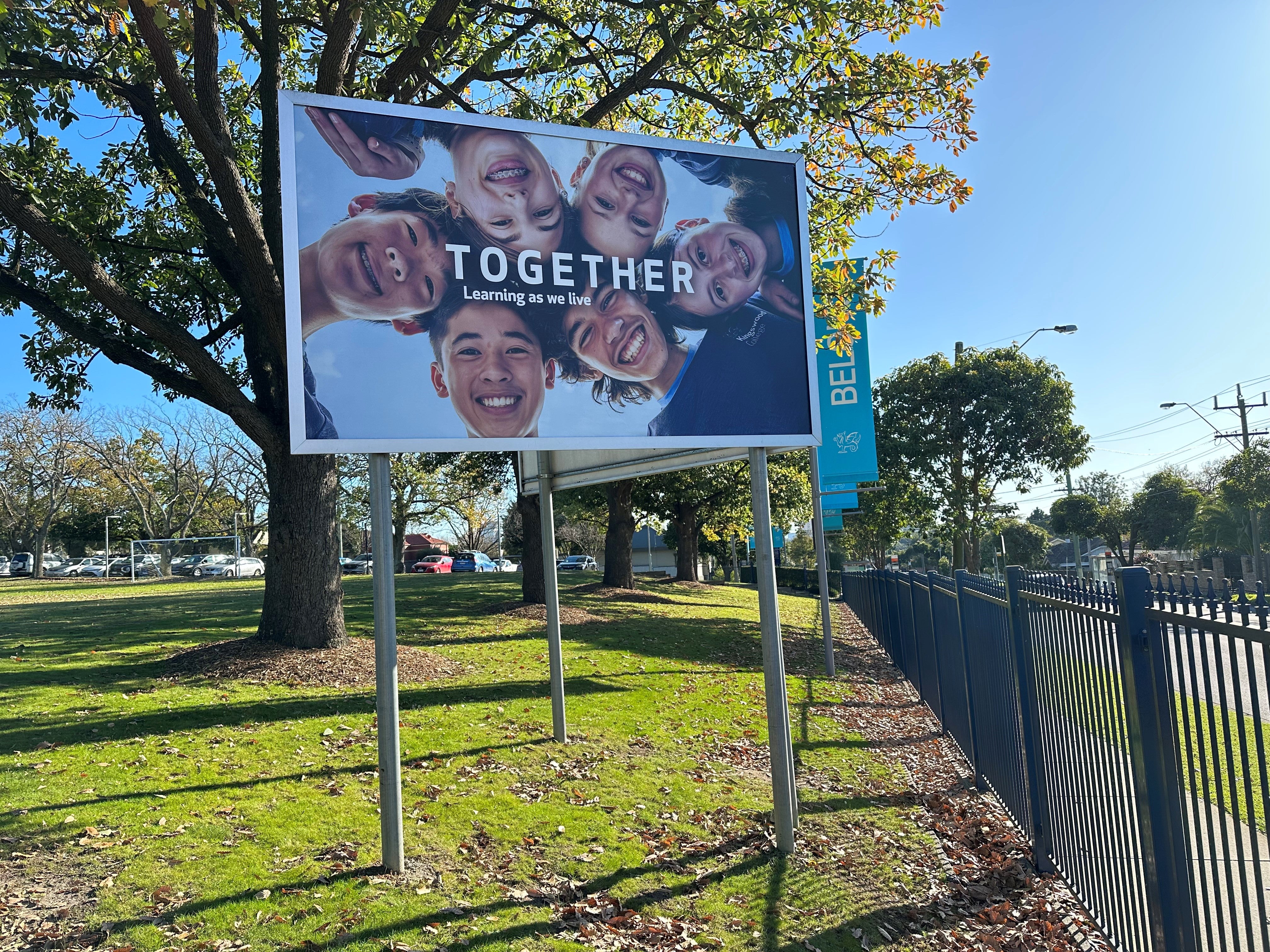 Banner installed on a frame at Kingswood College