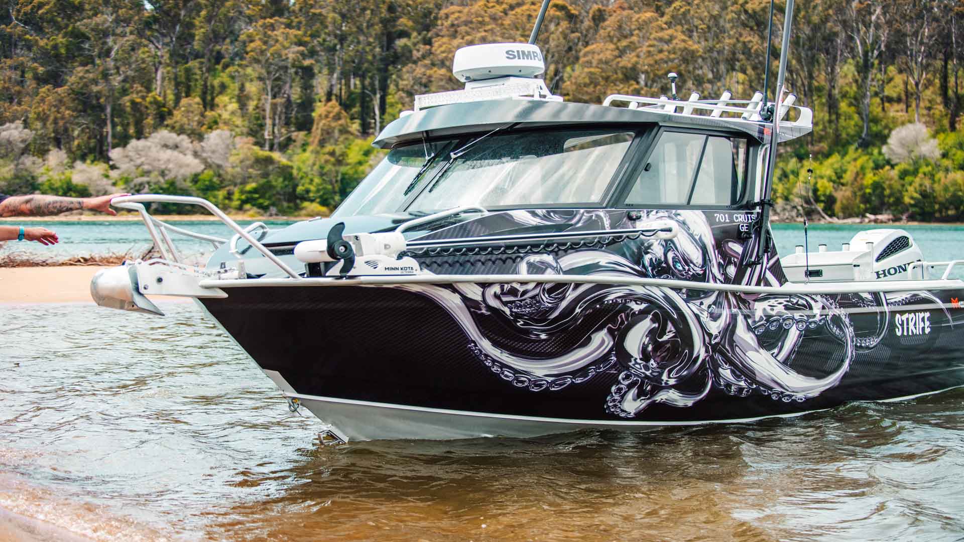 Custom fishing boat wrap Melbourne Victoria Kracken 3M boat wrap Form A Sign