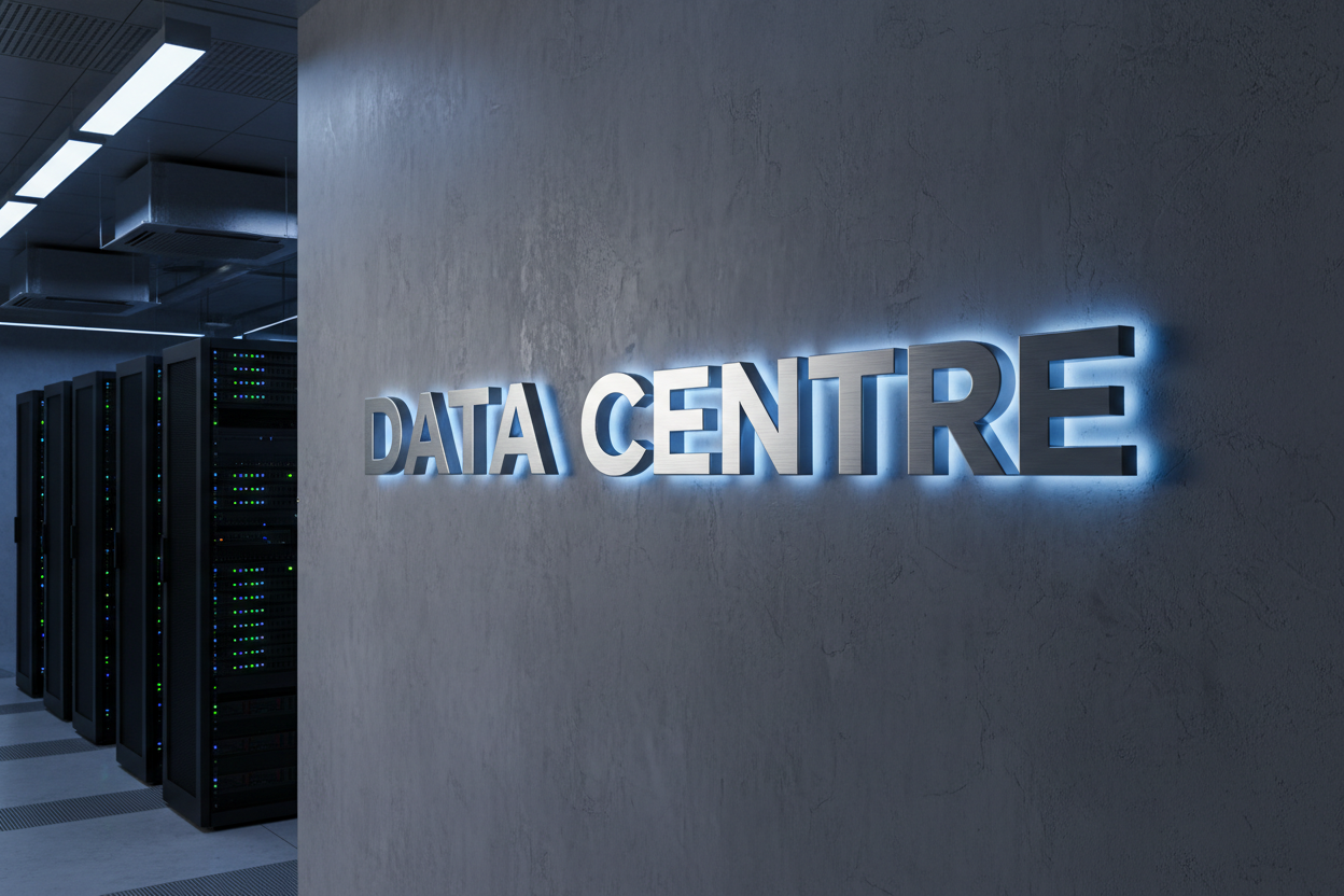 Data centre sign on a wall with servers in the background