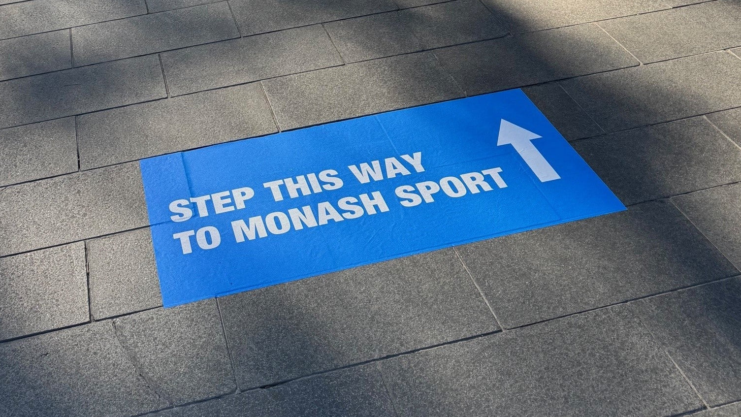 Blue directional sign outdoors at a university school on a paved path with trees and buildings in the background.  A school outdoor floor graphic.