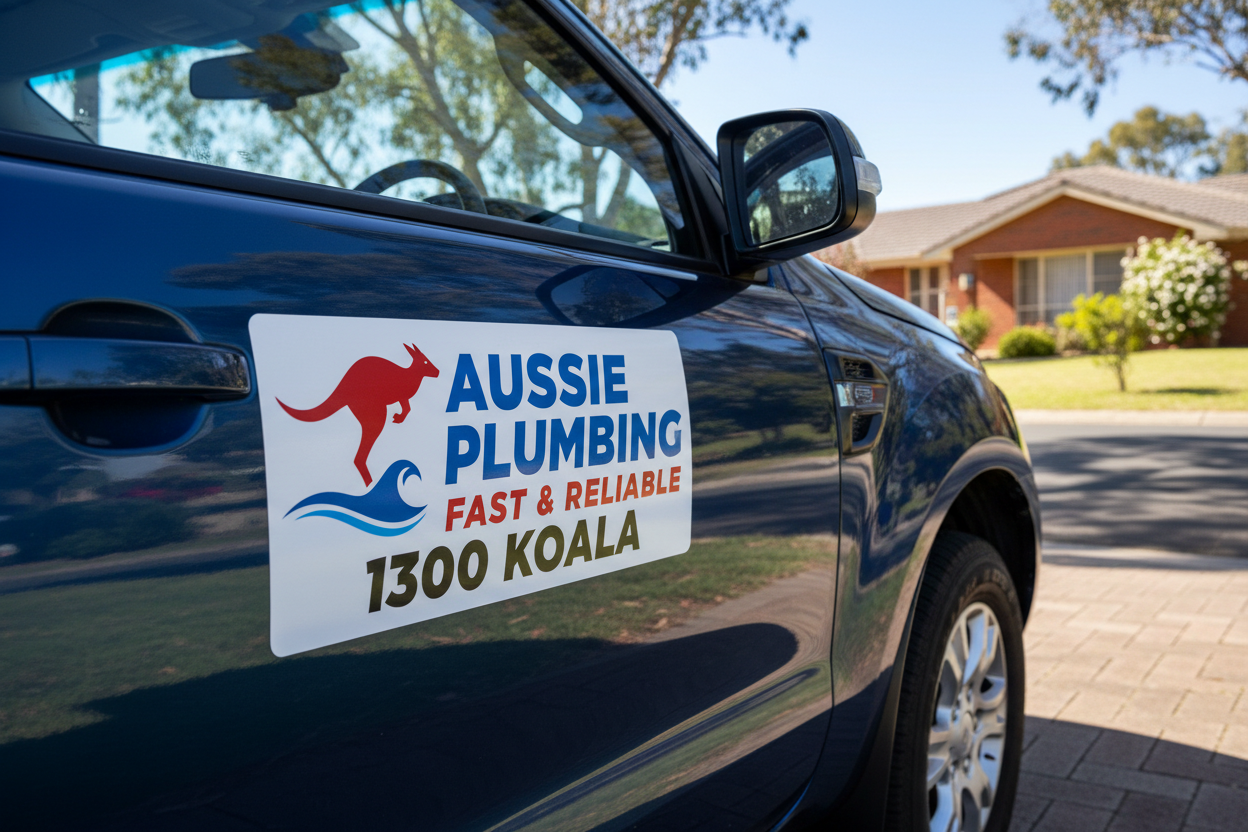 A dark blue vehicle door with a large white magnetic decal that reads 'AUSSIE PLUMBING FAST & RELIABLE 1300 KOALA' with a red kangaroo logo, photographed outdoors in front of a house.